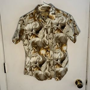 Bit & Bridle horse print short sleeve button down western shirt Size Medium
